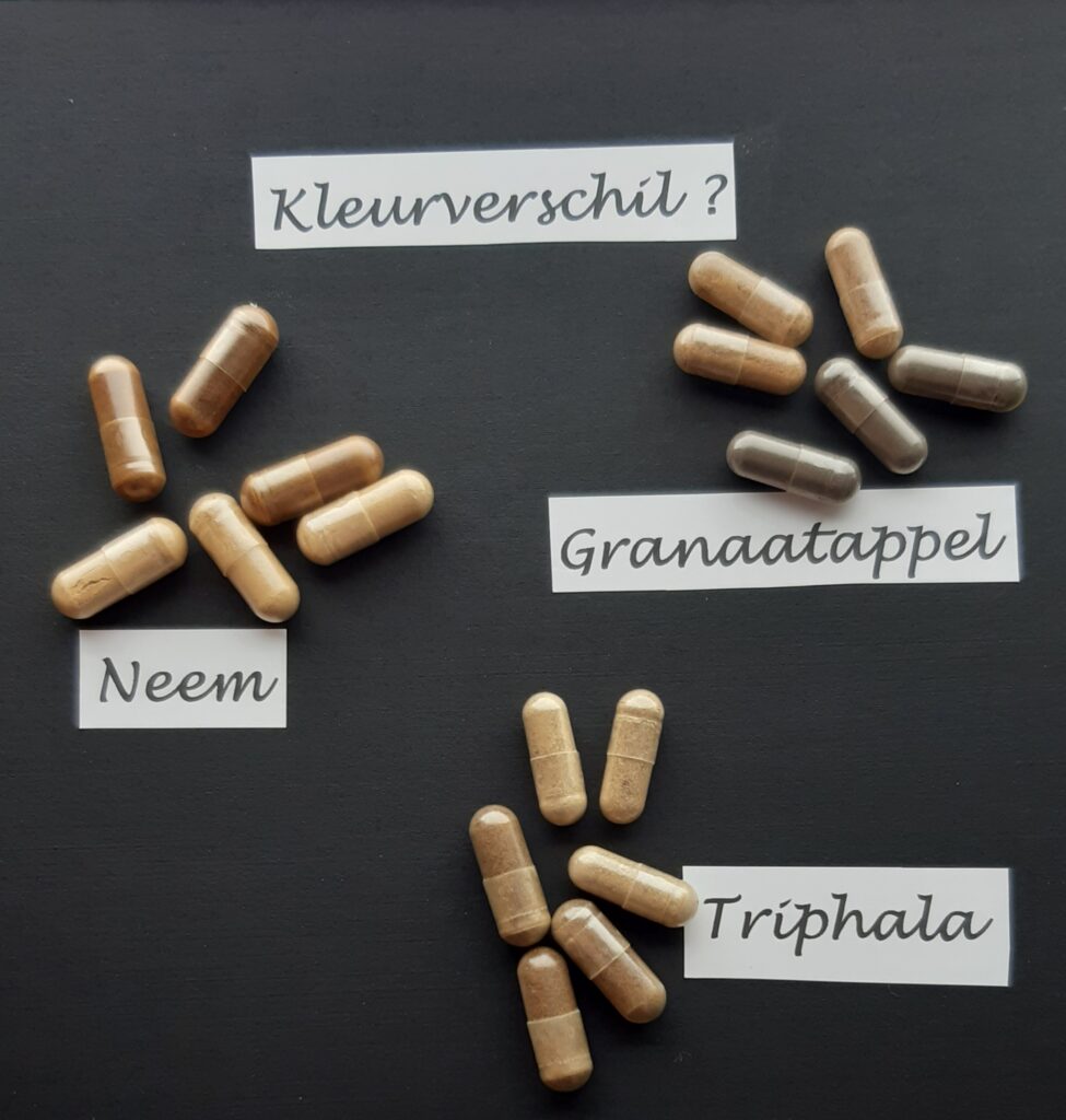 kleurverschil tussen neem capsules, granaatappel capsules en triphala capsules
